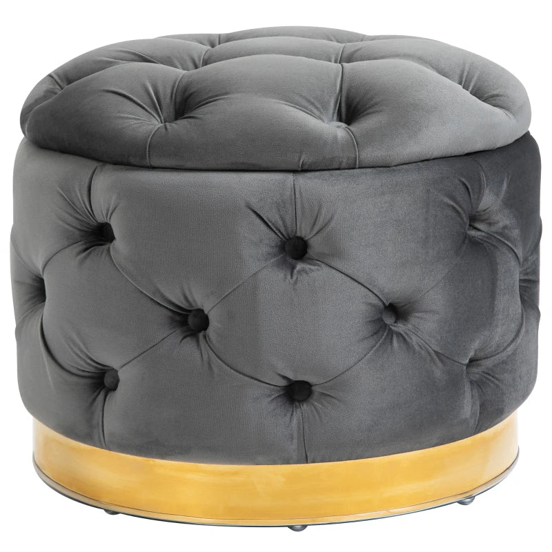 HOMCOM Round Velvet-Touch Storage Stool Ottoman Button Tufted Footrest with Removable Lid