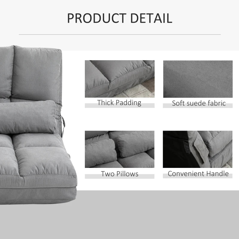 HOMCOM 2-In-1 Floor Sofa Lazy Bed, Folding Couch with 7 Position Adjustable Backrest, Thick Padding, Metal Frame and 2 Pillows, Light Grey