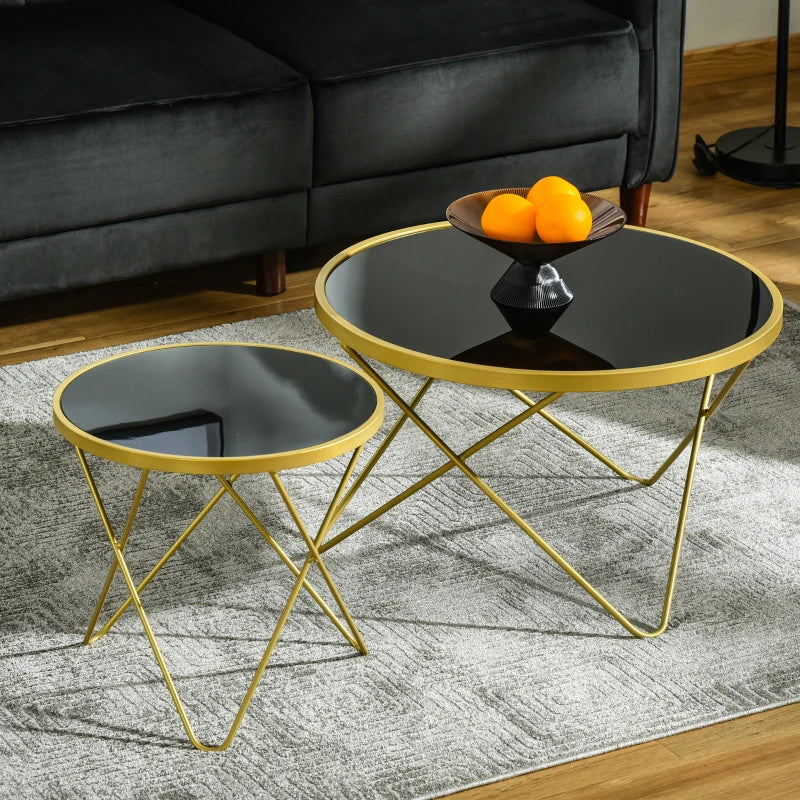 HOMCOM Glass Coffee Table, Round End Side Table, Accent Table with Tempered Glass Top and Golden Metal Legs for Living Room, Bedroom, Black