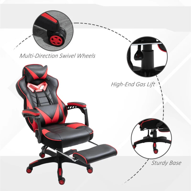 Vinsetto Swivel Gaming Chair with Footrest, PU Leather Computer Office Chair with Lumbar Support and Headrest, Black and Red
