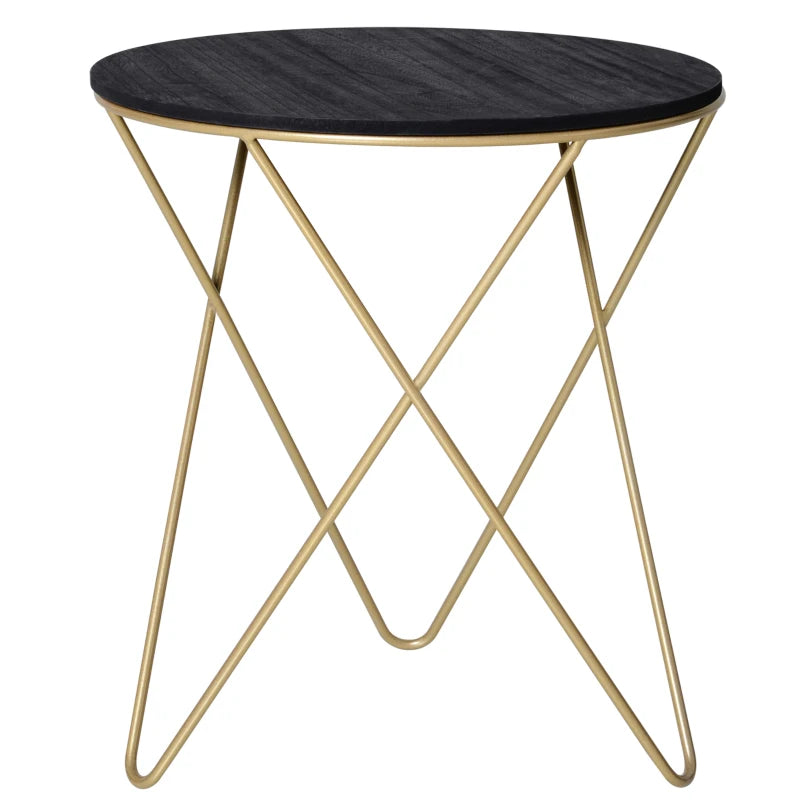 HOMCOM Round End Table, Sofa Side Table with Wood Grain Top and Metal Crossed Legs, Accent Coffee Table for Living Room, Bedroom, Black, Gold Tone