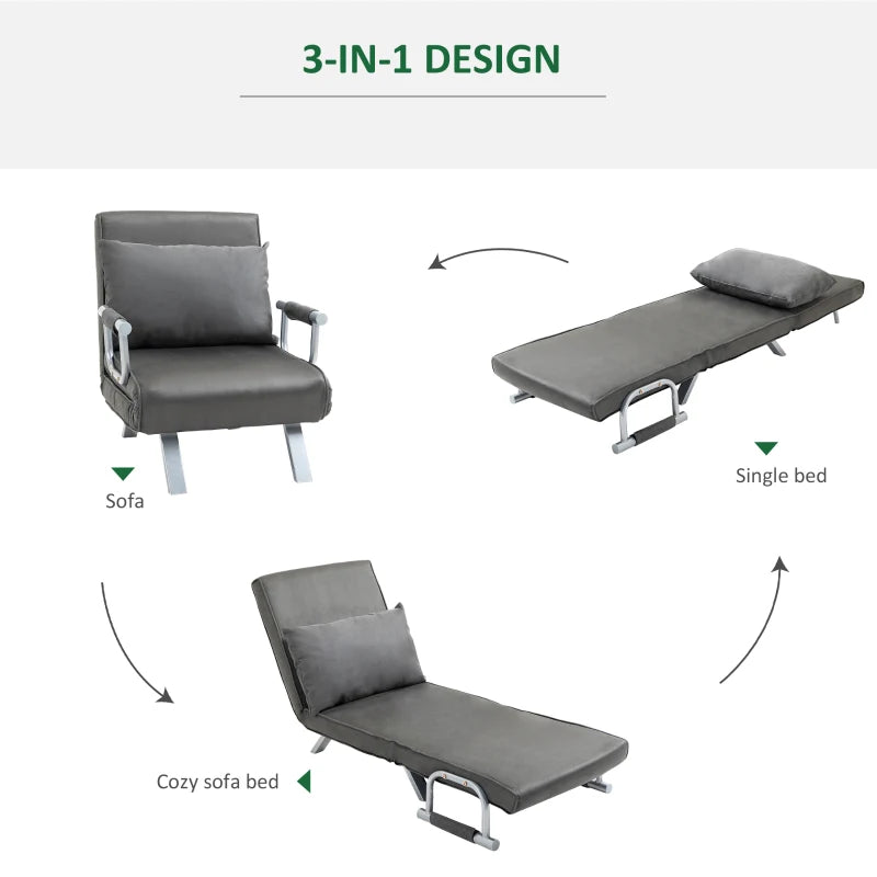 HOMCOM Single Chair Sofa Bed Convertible Detachable Grand Comfort Cushion Metal Armrest Legs Suede Grey