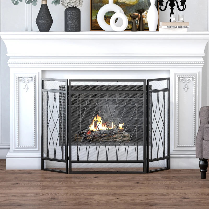 HOMCOM 126cm 3-Panel Metal Folding Fireplace Screen Heat Flame Protective Guard Child Pet Home Spark Barrier Surround w/ Mesh Pattern