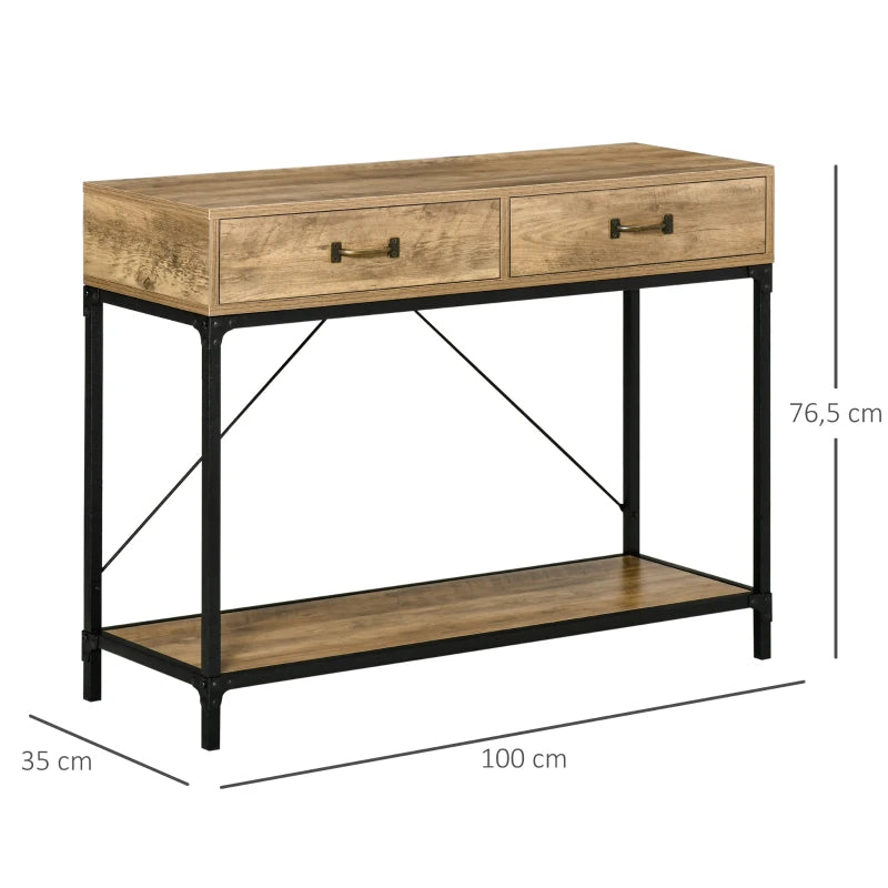 HOMCOM Console Table Entryway Table Side Table 2 Drawers Lower Shelf Vintage Metal Particleboard Brown+Black 100 x 35 x 76.5 cm