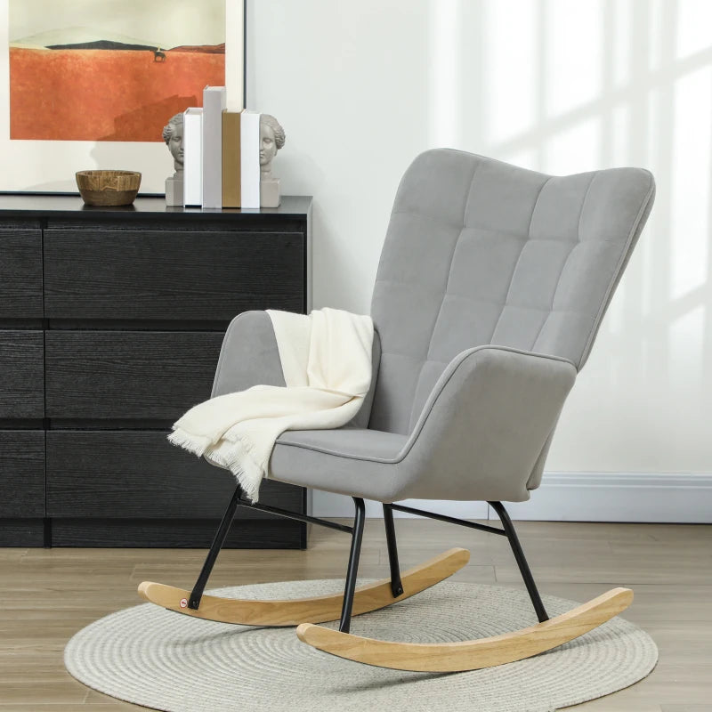 HOMCOM Rocking Chair, Thick Padding, Wide Backrest, Beech Wood/Steel Frame, Supports up to 120 kg, Light Gray