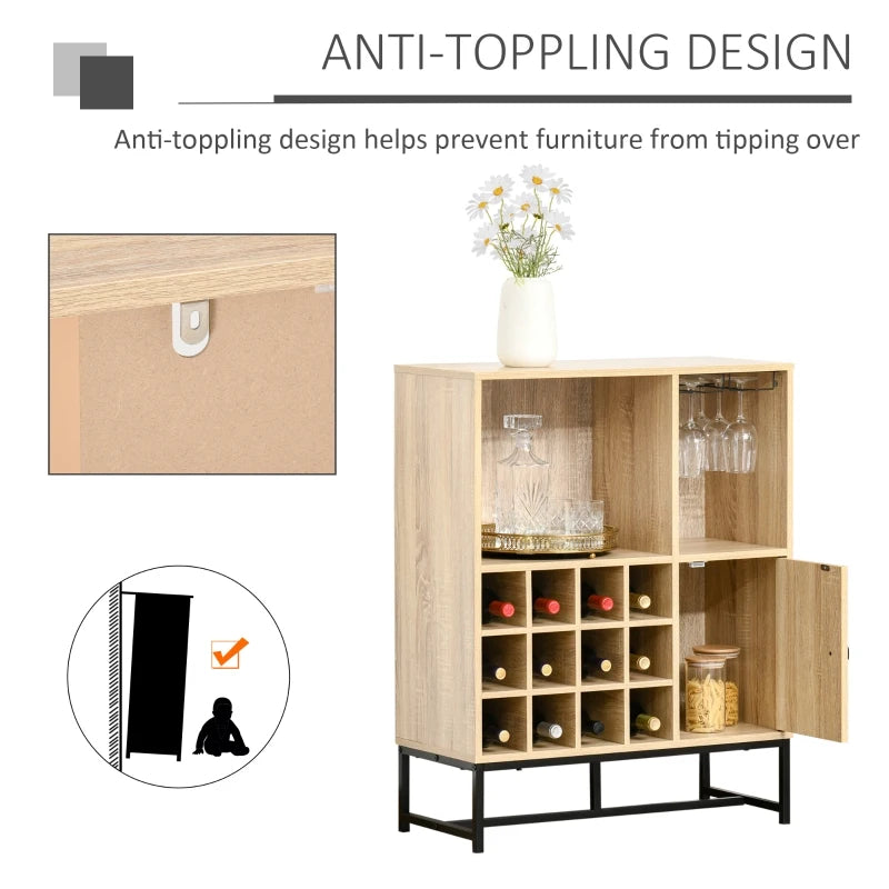 HOMCOM Wine Cabinet for 12 Bottles, Freestanding Wine Rack Sideboard Serving Bar with Glass Holders, Brown