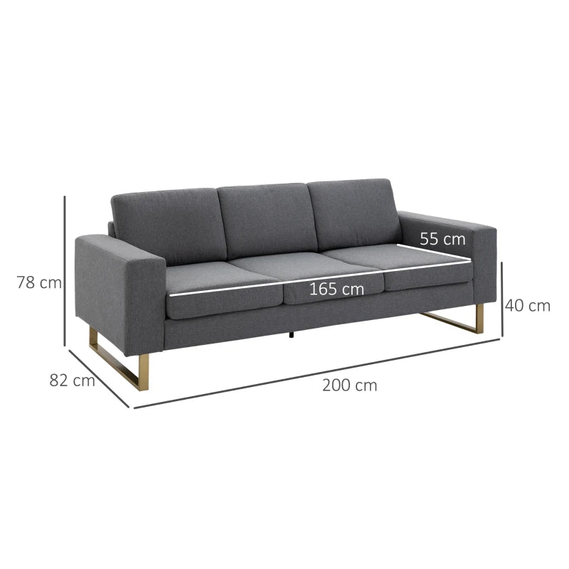 HOMCOM 3 Seater Sofa - Linen Upholstered, Cozy Padded Couch with Steel Legs, Backrest, and Wide Armrests for Living Room, Bedroom, Dark Grey