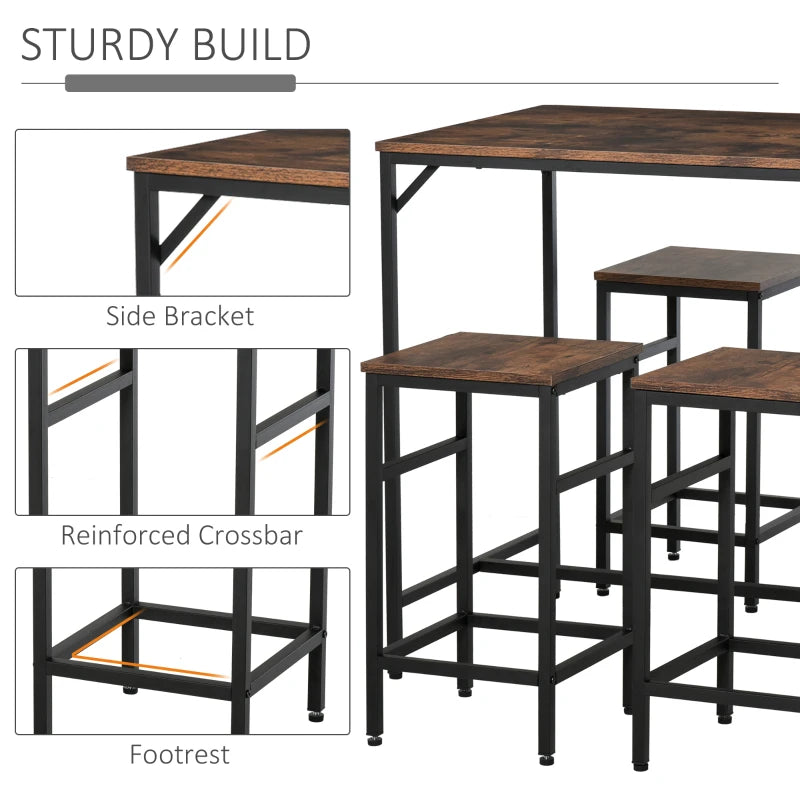 HOMCOM Industrial Rectangular Bar Table Set with 4 Stools for Dining Room, Kitchen, Dinette