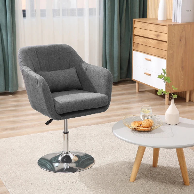HOMCOM Grey Swivel Chair, w/Metal BaseModern Swivel Linen Sofachair Midback w/Lumbar Support for Bedroom Office
