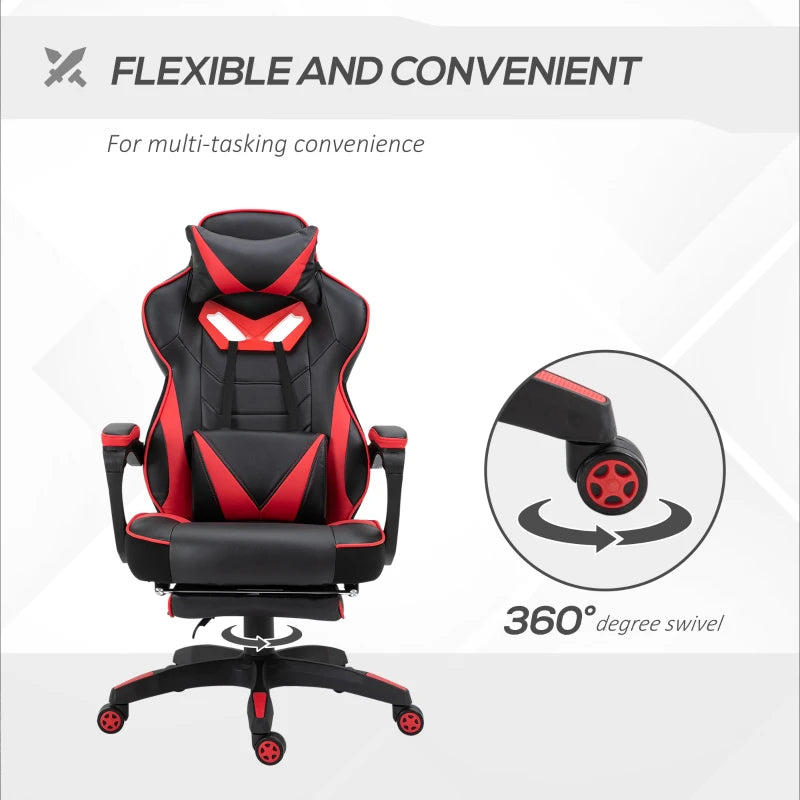 Vinsetto Swivel Gaming Chair with Footrest, PU Leather Computer Office Chair with Lumbar Support and Headrest, Black and Red