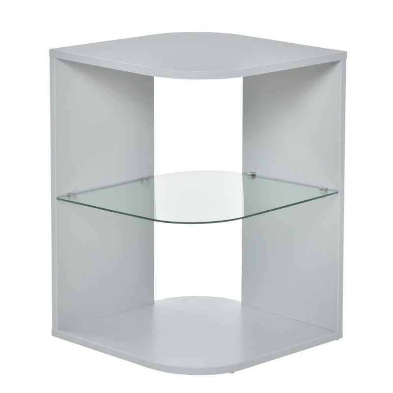 HOMCOM Modern Side Table, 3-tier Bedside Table, Nightstand with 2 Storage Shelves, Glass Shelf for Living room, Bedroom, Corner, Grey