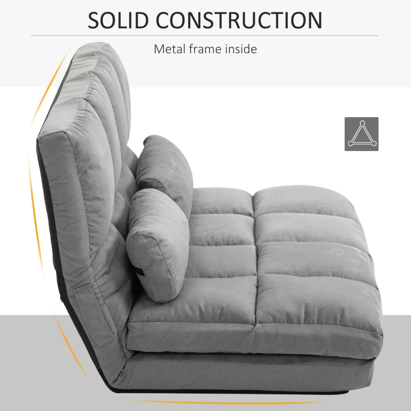 HOMCOM 2-In-1 Floor Sofa Lazy Bed, Folding Couch with 7 Position Adjustable Backrest, Thick Padding, Metal Frame and 2 Pillows, Light Grey