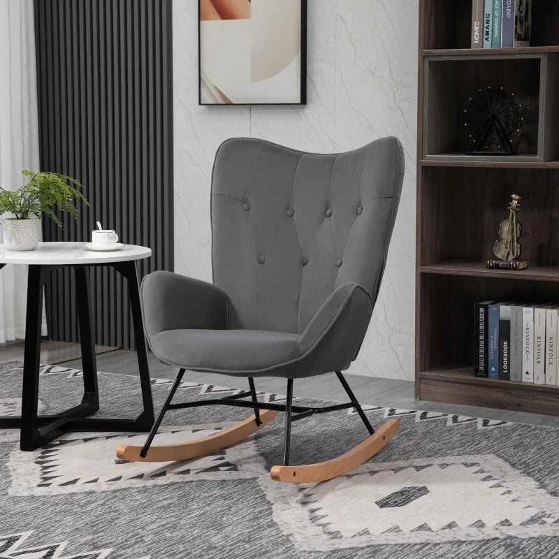 HOMCOM Rocking Chair with Steel Frame Upholstered Relax Armchair Lounge Chair Living Room Chair with Padded Seat Velvety Polyester Rubberwood Metal Dark Gray+Natural 65 x 70 x 96 cm