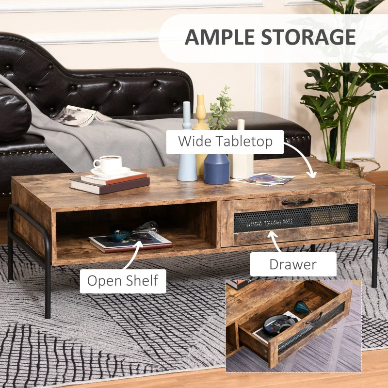 HOMCOM Industrial Coffee Table with Storage, Centre Table with Mesh Drawer, Open Shelf and Metal Legs for Living Room, Rustic Brown