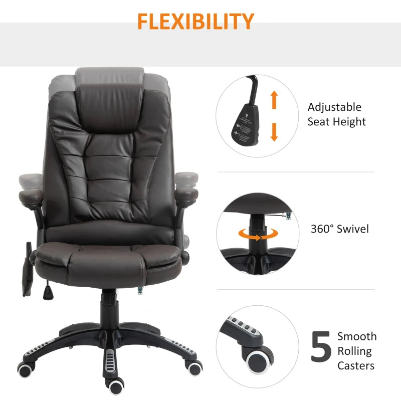 HOMCOM Executive Office Chair with Vibration Massage and Heat, High Back, PU Leather Massage Office Chair, Brown