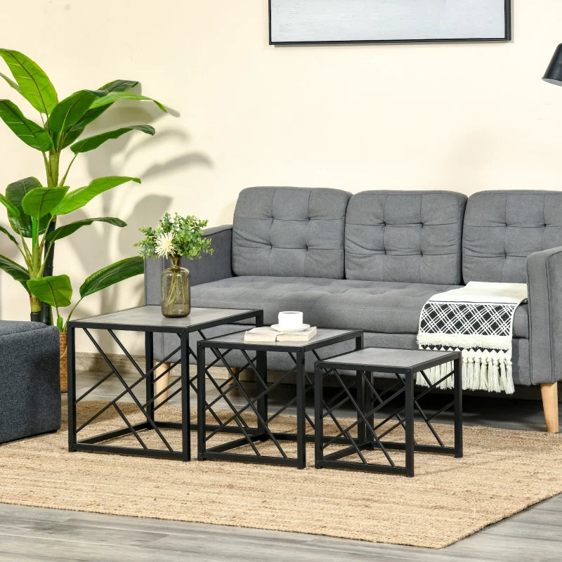 HOMCOM Set of 3 Nest of Tables Square Side Tables with Metal Frame, Grey