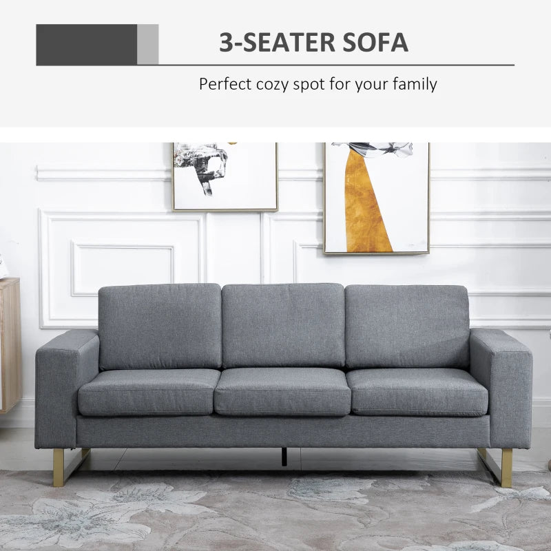 HOMCOM 3 Seater Sofa - Linen Upholstered, Cozy Padded Couch with Steel Legs, Backrest, and Wide Armrests for Living Room, Bedroom, Dark Grey