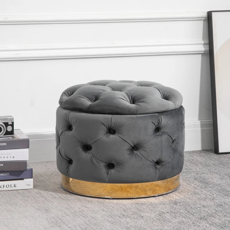 HOMCOM Round Velvet-Touch Storage Stool Ottoman Button Tufted Footrest with Removable Lid