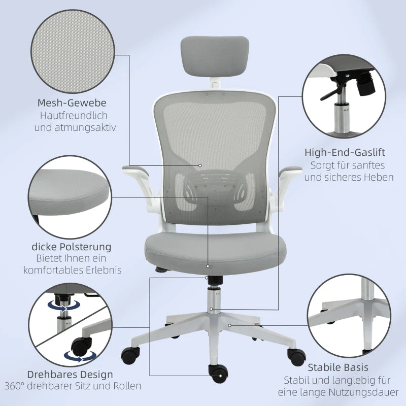 Vinsetto Office Chair Ergonomic Desk Chair with Rocking Function High Backrest Lumbar Support Headrest Foldable Arm Home-Office Gray 65 x 64 x 114-122 cm