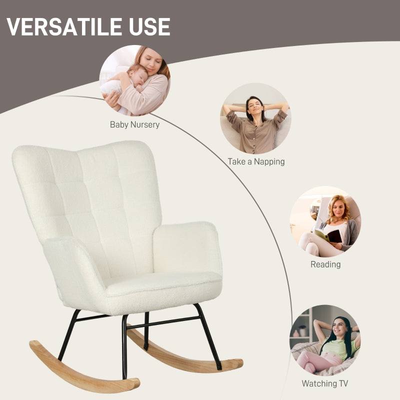 HOMCOM Rocking Chair in Fleece Look with Armrests, Ergonomic Armchair with Wooden Rockers, for Living Room, Bedroom, White