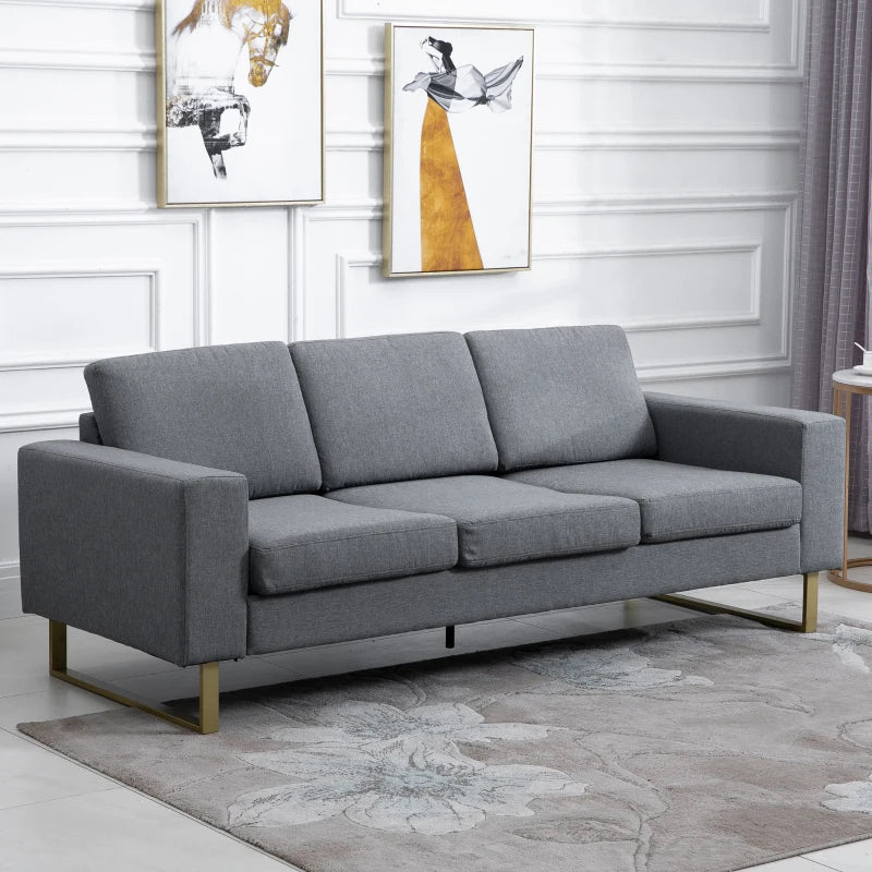 HOMCOM 3 Seater Sofa - Linen Upholstered, Cozy Padded Couch with Steel Legs, Backrest, and Wide Armrests for Living Room, Bedroom, Dark Grey