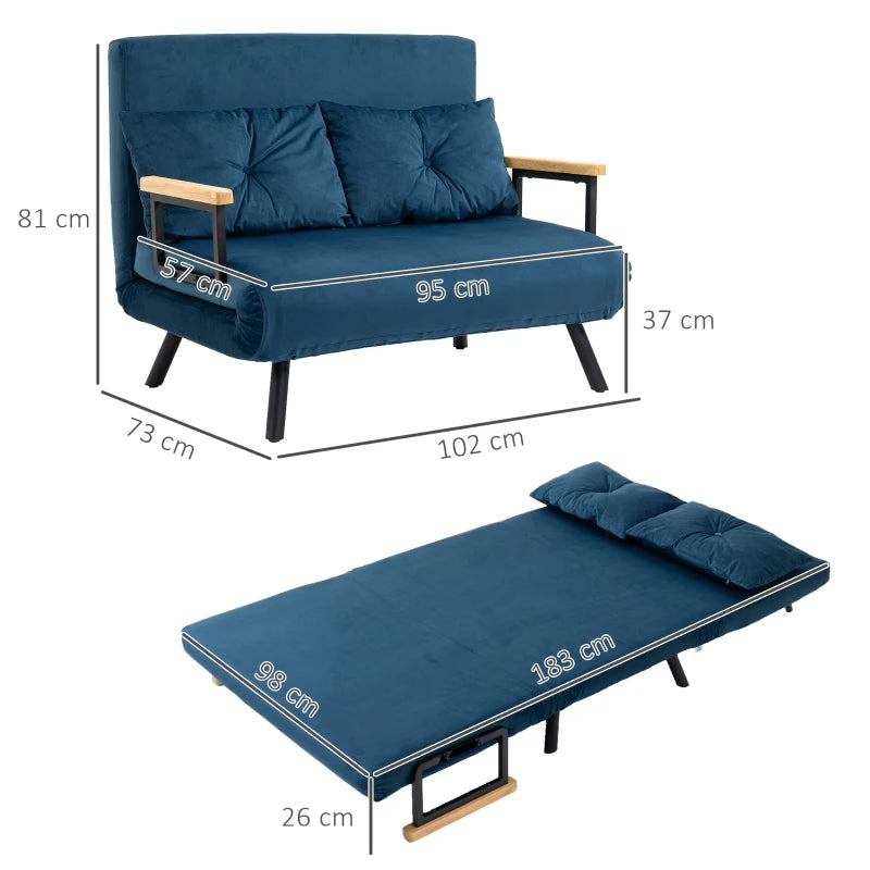 HOMCOM 2-Seater Convertible Sofa Bed with Adjustable 5-Level Backrest and 2 Padded Cushions, Velvet-like Fabric, Blue
