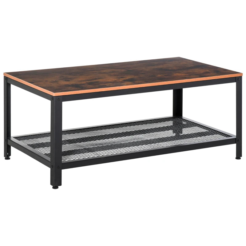 HOMCOM Industrial Coffee Table, 2-tier Coffee Table with Mesh Bottom Shelf and Steel Frame, Retro Living Room Table, Rustic Brown