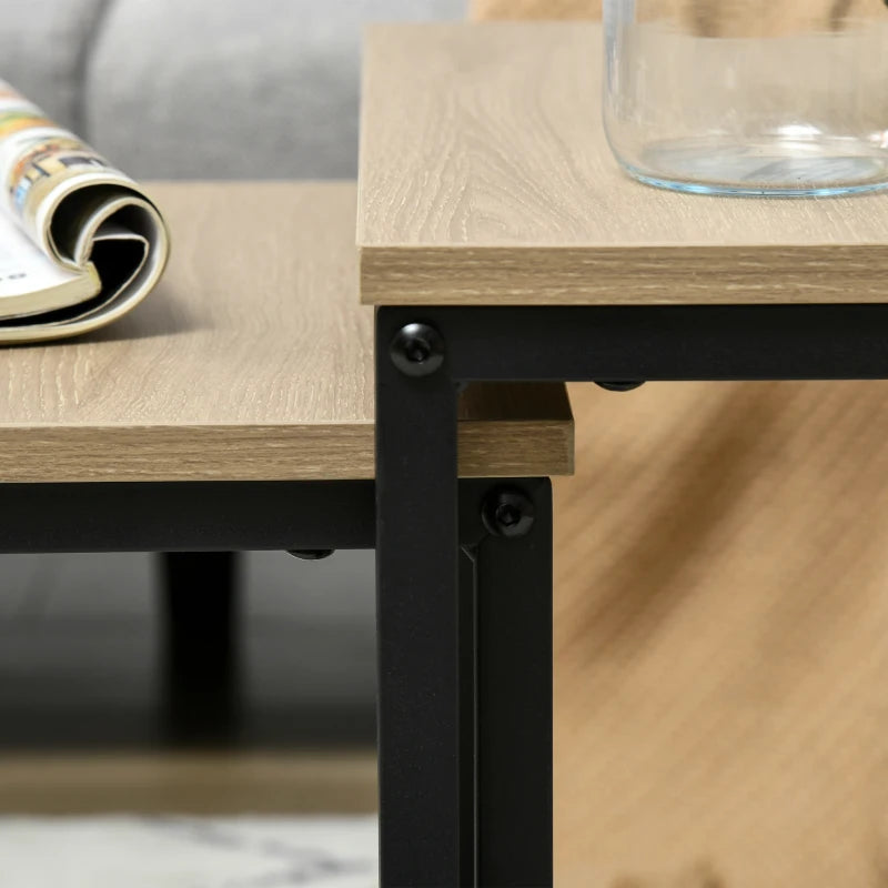 HOMCOM Set of 3 Nesting Tables, Industrial Design, Black Steel Frame, Wood-look Tabletop