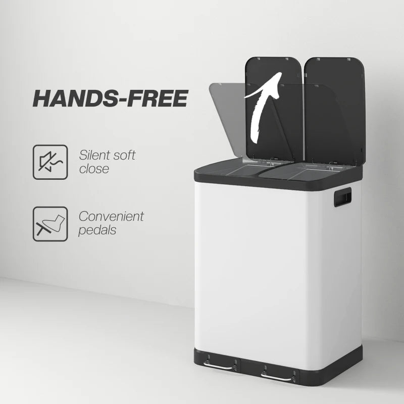 HOMCOM 60L White Kitchen Trash Can with Pedal, Stainless Steel, 2 Compartments, Soft-Close Lid