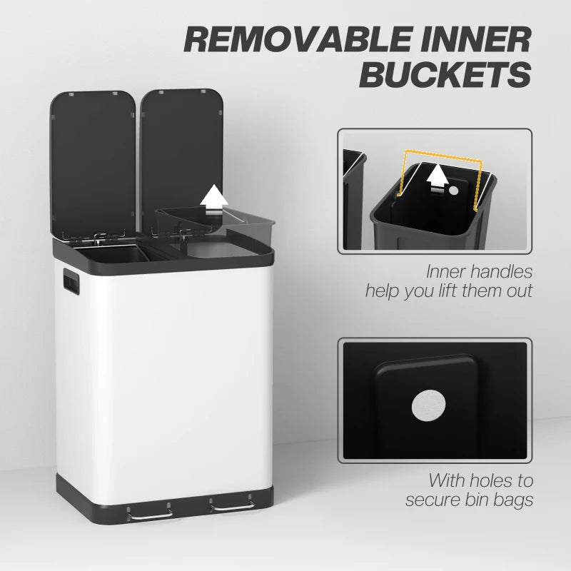 HOMCOM 60L White Kitchen Trash Can with Pedal, Stainless Steel, 2 Compartments, Soft-Close Lid