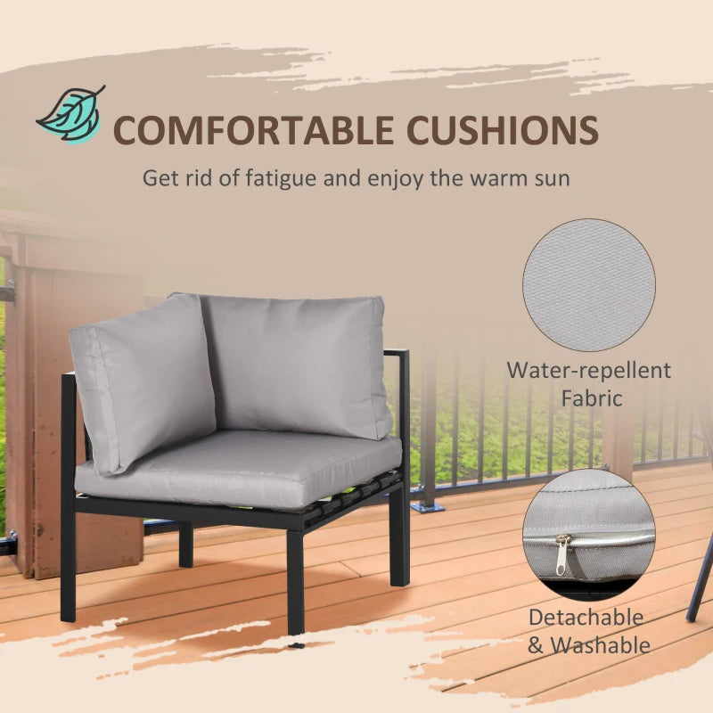 Outsunny 4 Piece Metal Garden Furniture Set, Includes Tempered Glass Coffee Table, Breathable Mesh Pocket, Outdoor Conversational Corner Sofa Loveseat, with Padded Cushions - Light Grey