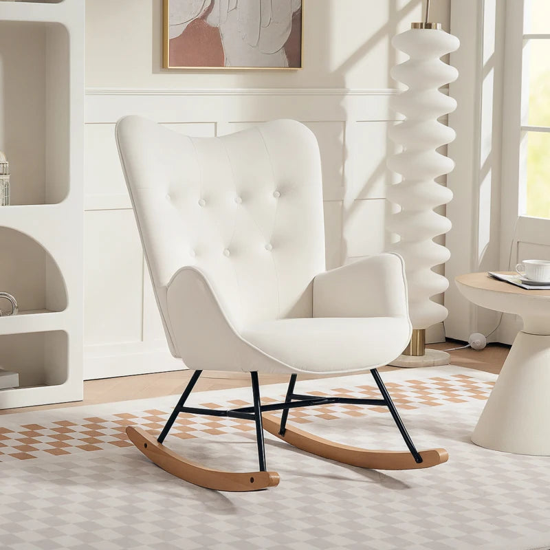 HOMCOM Rocking Chair, Modern Upholstered Velvet Armchair with Solid Wood Legs and Metal Frame for Living Room, Bedroom, Cream