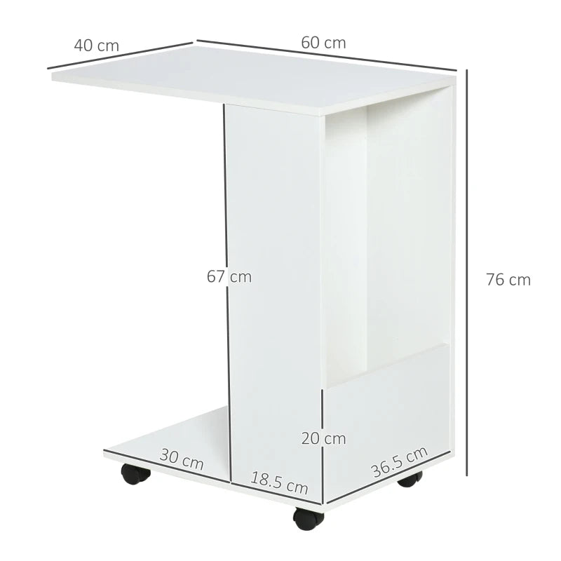 HOMCOM C-Shape Sofa Side Table with Wheels and Storage, Mobile End Table for Laptop, Coffee, Snack, White