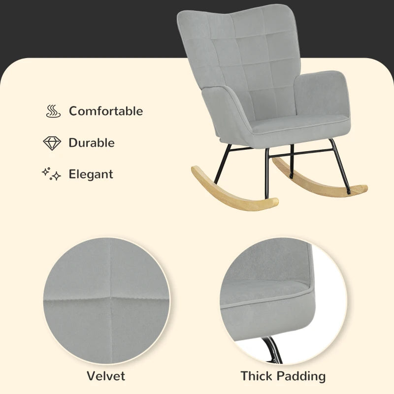 HOMCOM Rocking Chair, Thick Padding, Wide Backrest, Beech Wood/Steel Frame, Supports up to 120 kg, Light Gray