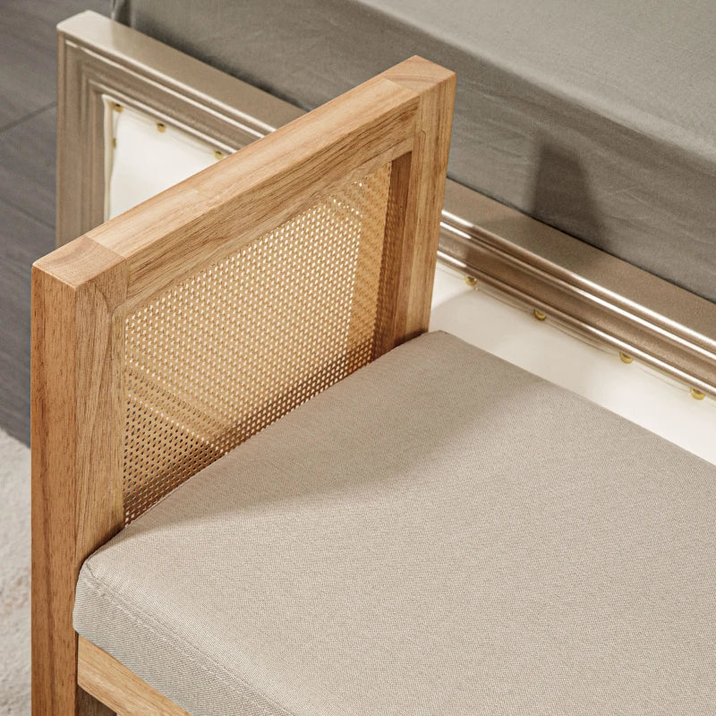 HOMCOM Linen-Look End of Bed Bench with Rattan Armrests and Solid Wood Frame 120 x 38 x 61.5 cm Beige