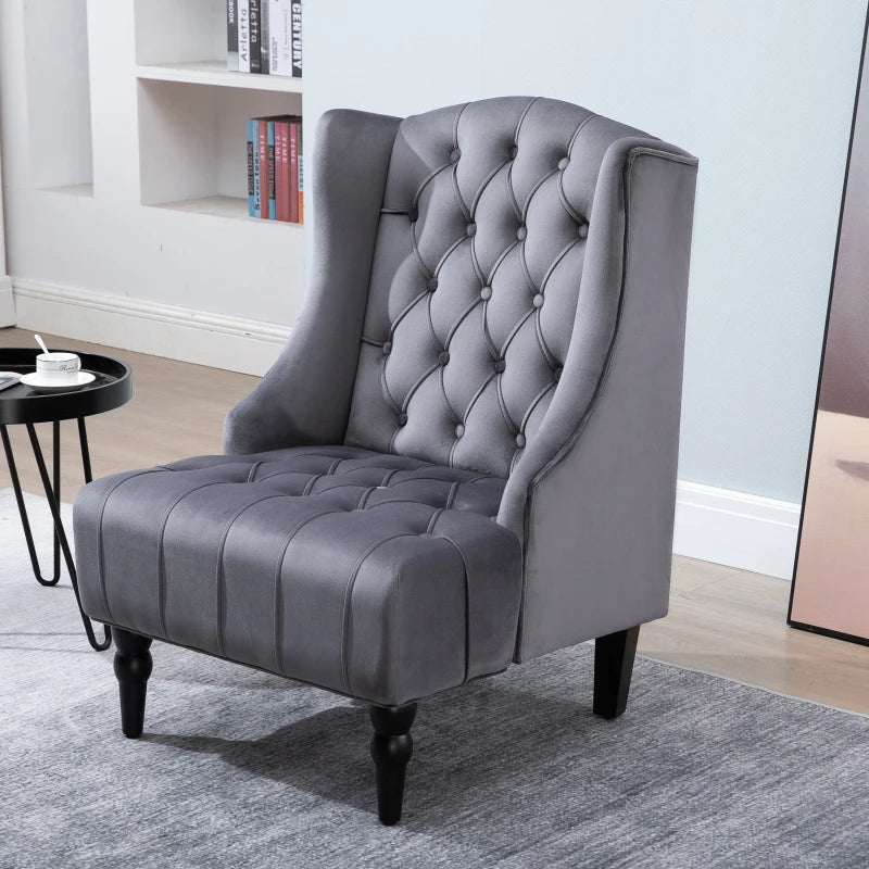 HOMCOM Velvet Fabric Tufted French Style Tall Wingback Accent Chair Home Décor with Extra Wide Seat, Wooden Legs, Grey