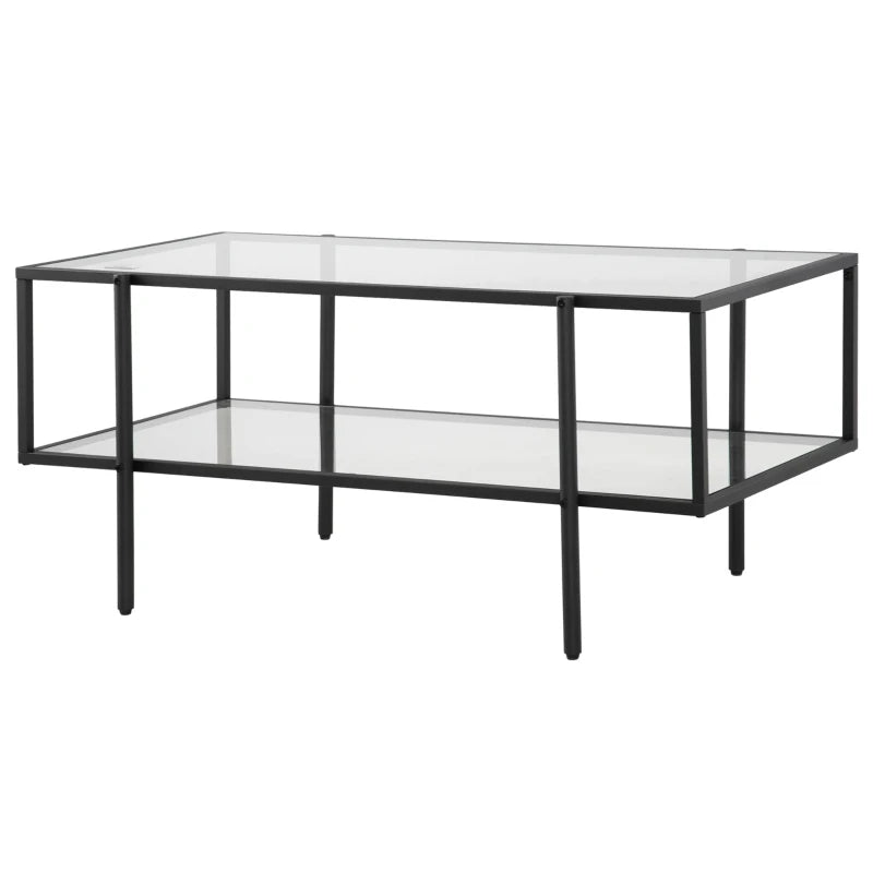 HOMCOM Side Table Glass Coffee Table with Shelf Adjustable Feet with Steel Frame Glass Top Tempered Glass Black 100 x 55 x 45.5 cm