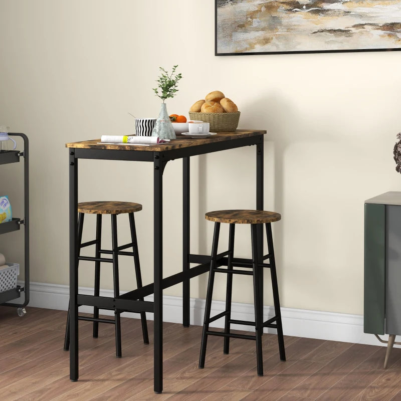 HOMCOM Industrial Design 2-Person Bar Table with 2 Stools Set, 3-Piece Bar Stool with Table Set, Brown + Black