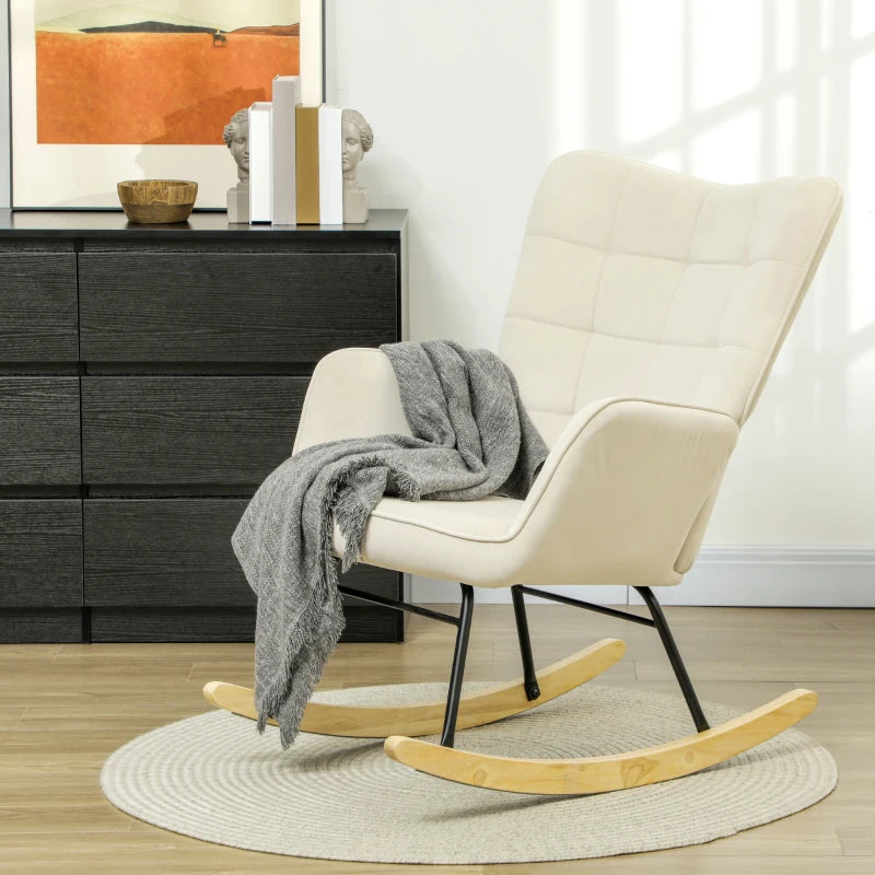 HOMCOM Rocking Chair, Thick Padding, Wide Backrest, Beech wood/Steel Frame, Supports up to 120 kg, Beige