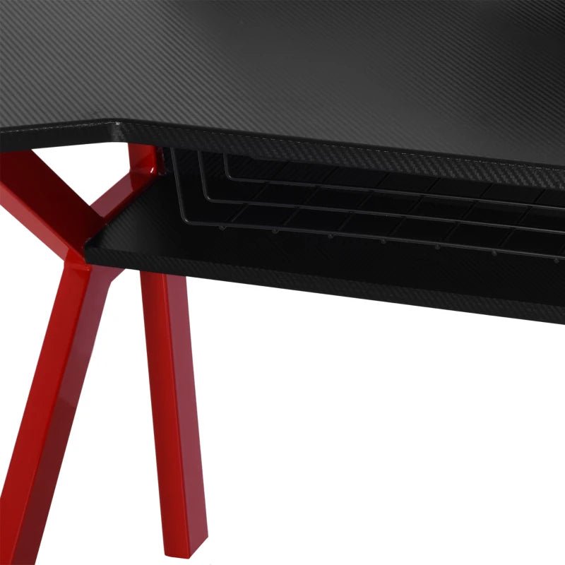 HOMCOM 136 x 66cm Gaming Desk with K Shape Legs, Computer Table with Monitor Stand, Cup Holder, Headphone Hook and Wire Basket, Red
