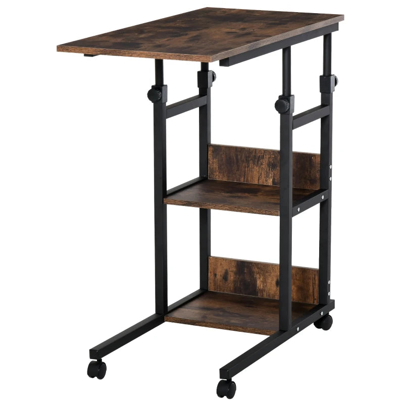 HOMCOM 3-Tier Mobile Side Table, C-Shaped End Table, Industrial Couch Table with Adjustable Height, Storage Shelves, Rustic Brown