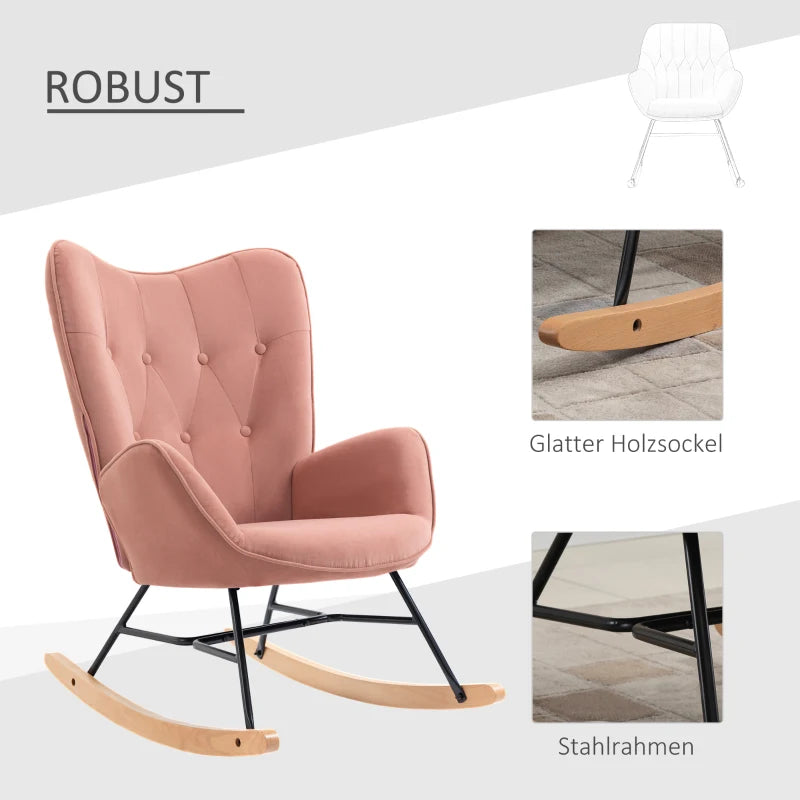 HOMCOM Rocking Chair with Steel Frame Upholstered Relax Chair Armchair Lounge with Padded Seat Velvety Polyester Rubberwood Metal Pink + Natural 65 x 70 x 96 cm