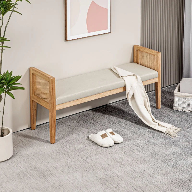 HOMCOM Linen-Look End of Bed Bench with Rattan Armrests and Solid Wood Frame 120 x 38 x 61.5 cm Beige