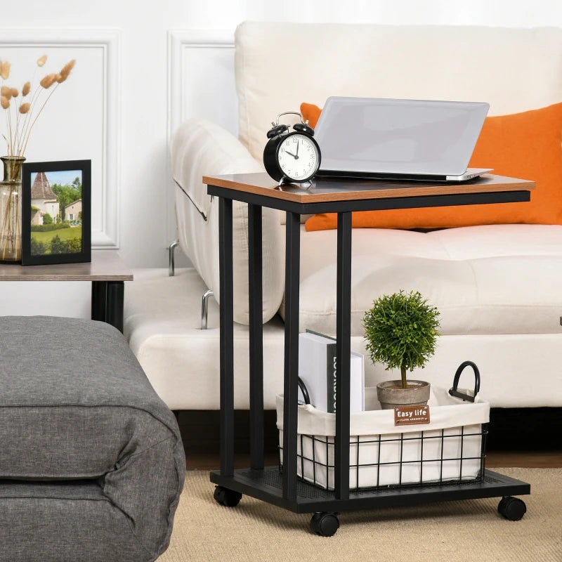 HOMCOM Side Table that Slides under Couch, Mobile Sofa Side End Coffee Table Metal Frame Rolling Castors Storage Wooden Trolly