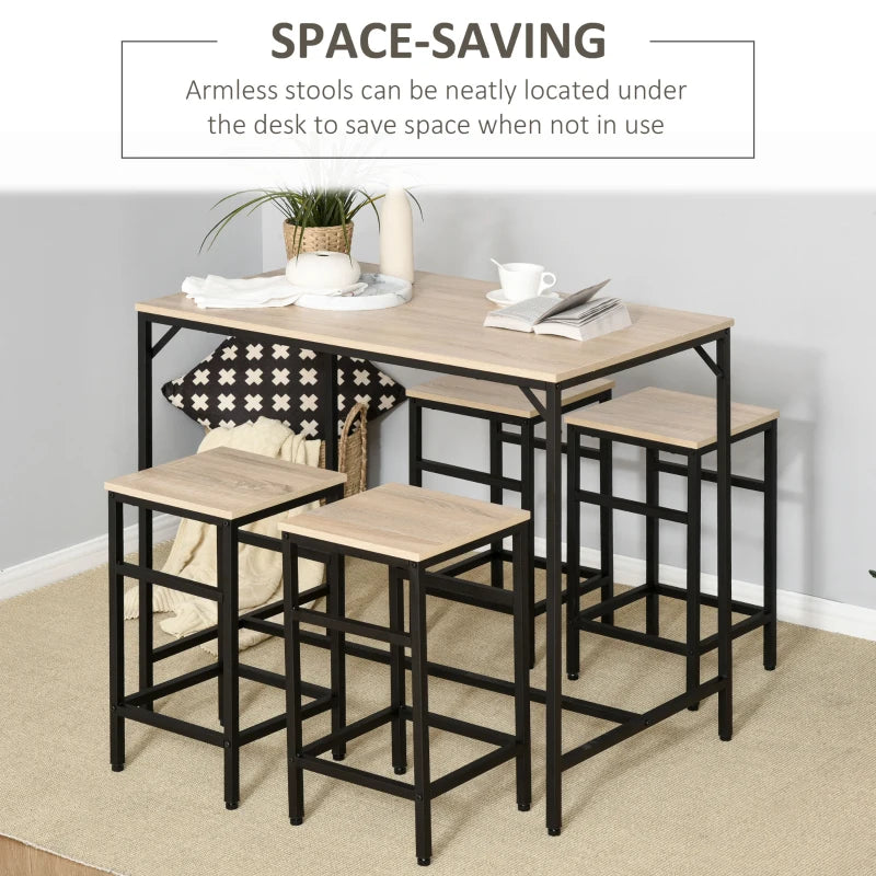 HOMCOM 5-Piece Modern Industrial Dining Table Furniture Set with 4 Stools & Steel Legs for Dining Room, Kitchen, Dinette, Oak