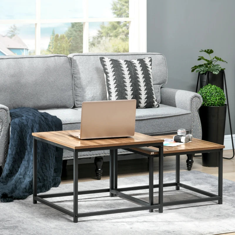 HOMCOM Nesting Table Set of 2 Side Tables, Industrial Design, Black Steel Frame, Wood Grain Look Tabletop