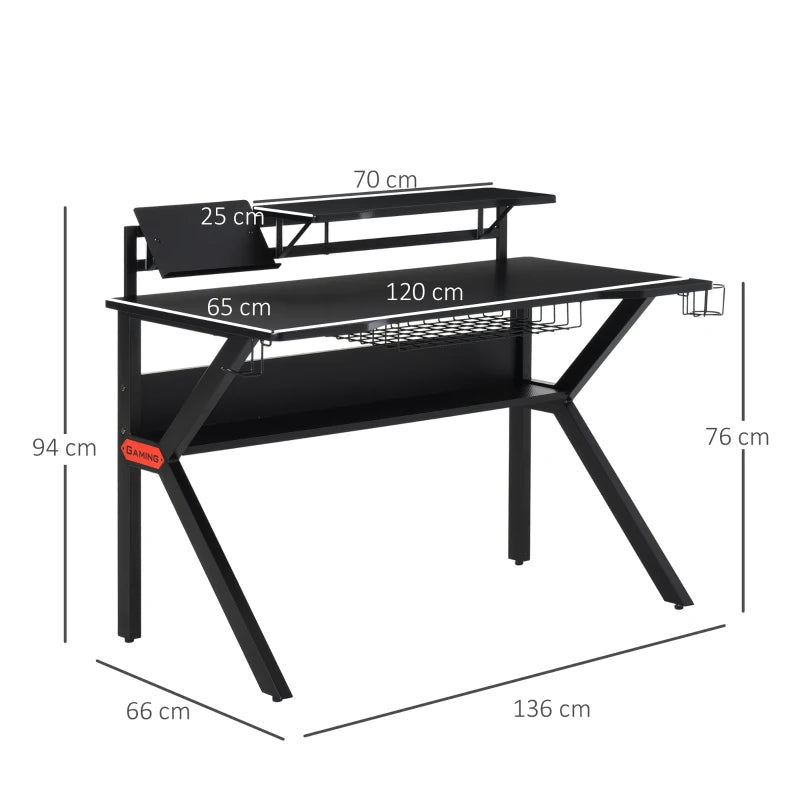HOMCOM Black Gaming Desk, Metal Frame w/Cup Holder Headphone Hook & Cable Basket