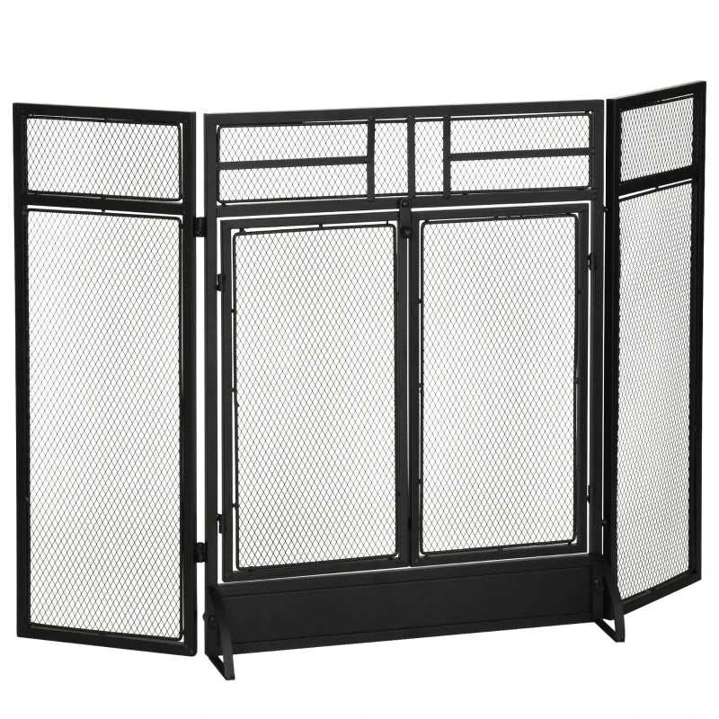 HOMCOM 3-Panel Folding Fireplace Screen with Door, Freestanding Spark Guard, Metal Mesh Fireguard, Black