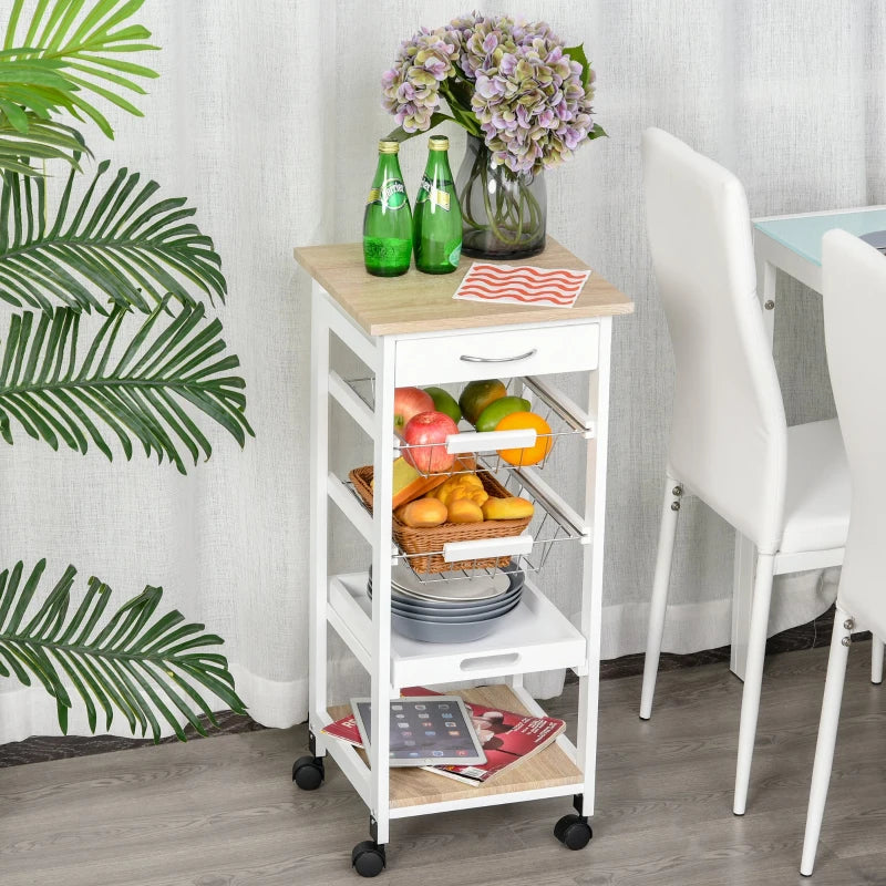 HOMCOM Mobile Rolling Kitchen Island Trolley for Home w/ Metal Baskets Trays Shelves Wheels Compact Stylish Storage White