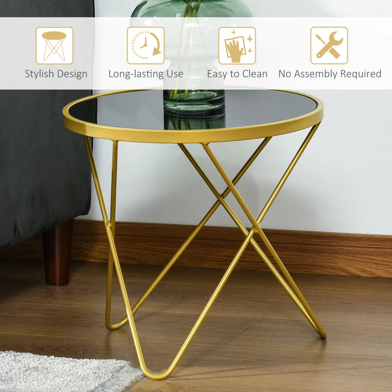 HOMCOM Glass Coffee Table, Round End Side Table, Accent Table with Tempered Glass Top and Golden Metal Legs for Living Room, Bedroom, Black